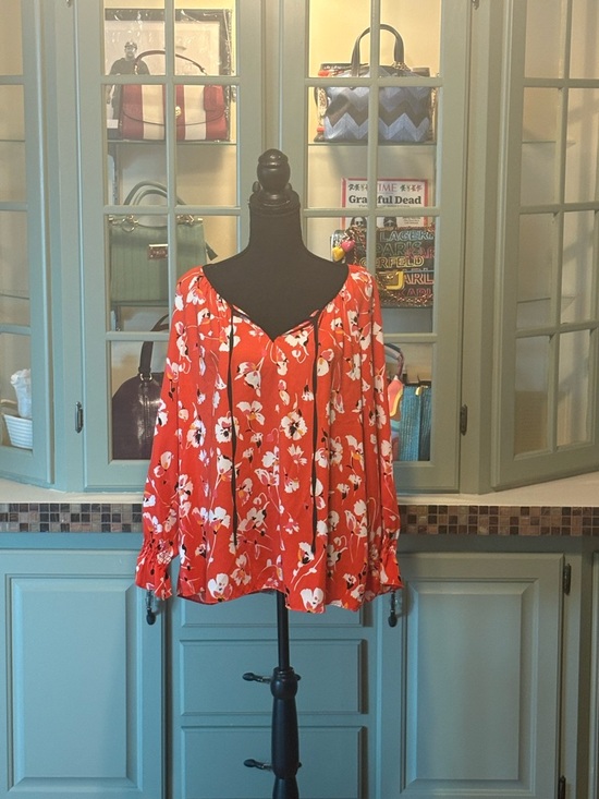 Marybelle Tops - Bright Red Floral Tie-Neck Blouse